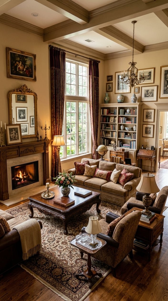 A cozy living room with a sofa, wooden coffee table, fireplace, armchairs, and decorative items arranged neatly.
