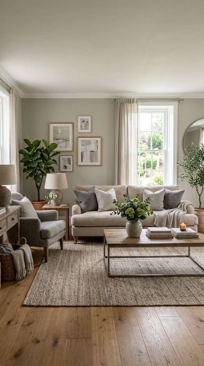 A living room with beige sofa, coffee table, plants, and soft natural light against gray-beige walls.