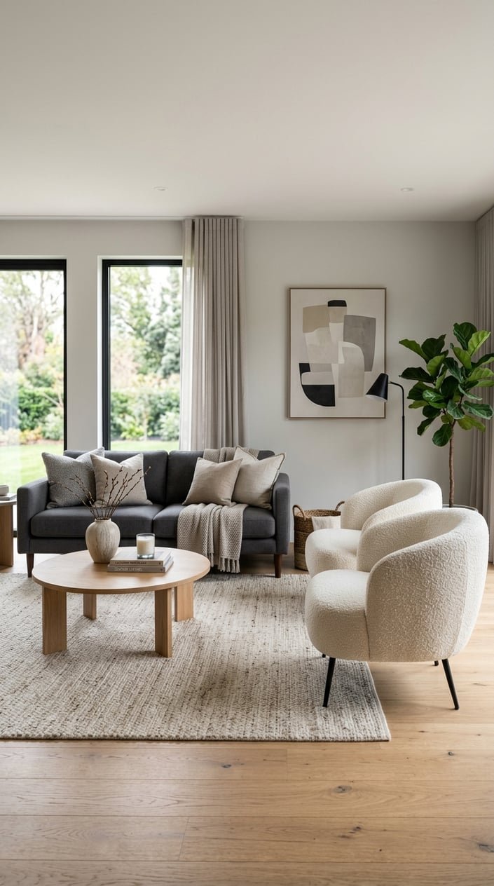 Living room with two ivory accent chairs and a charcoal gray sofa arranged around a coffee table.