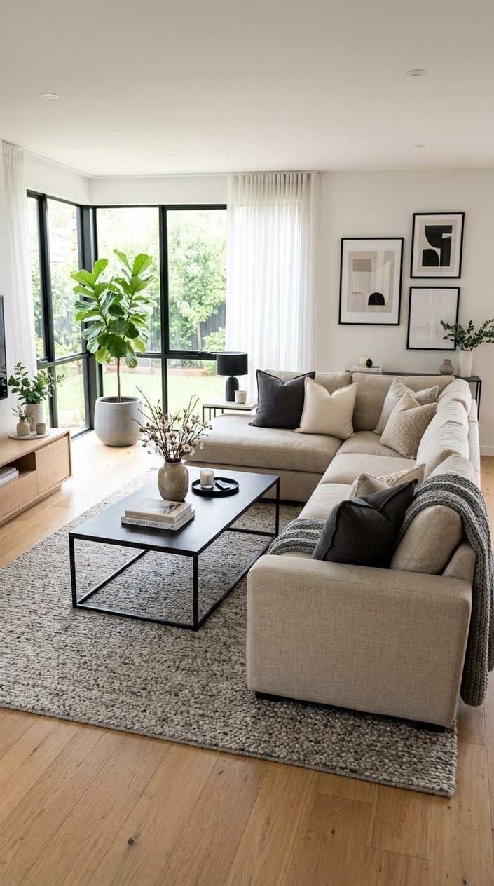 A living room with a beige sectional sofa and a black metal coffee table in front of it.