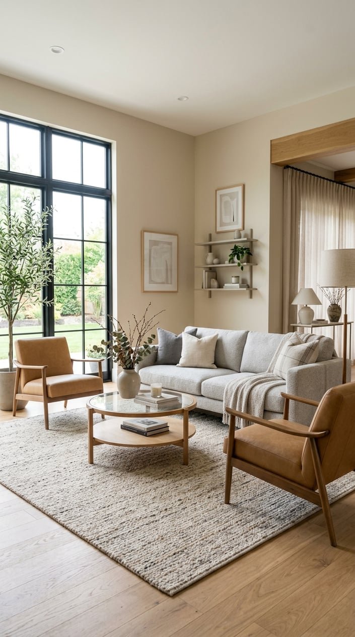 A living room with a light gray sofa and two camel leather chairs arranged around a coffee table.