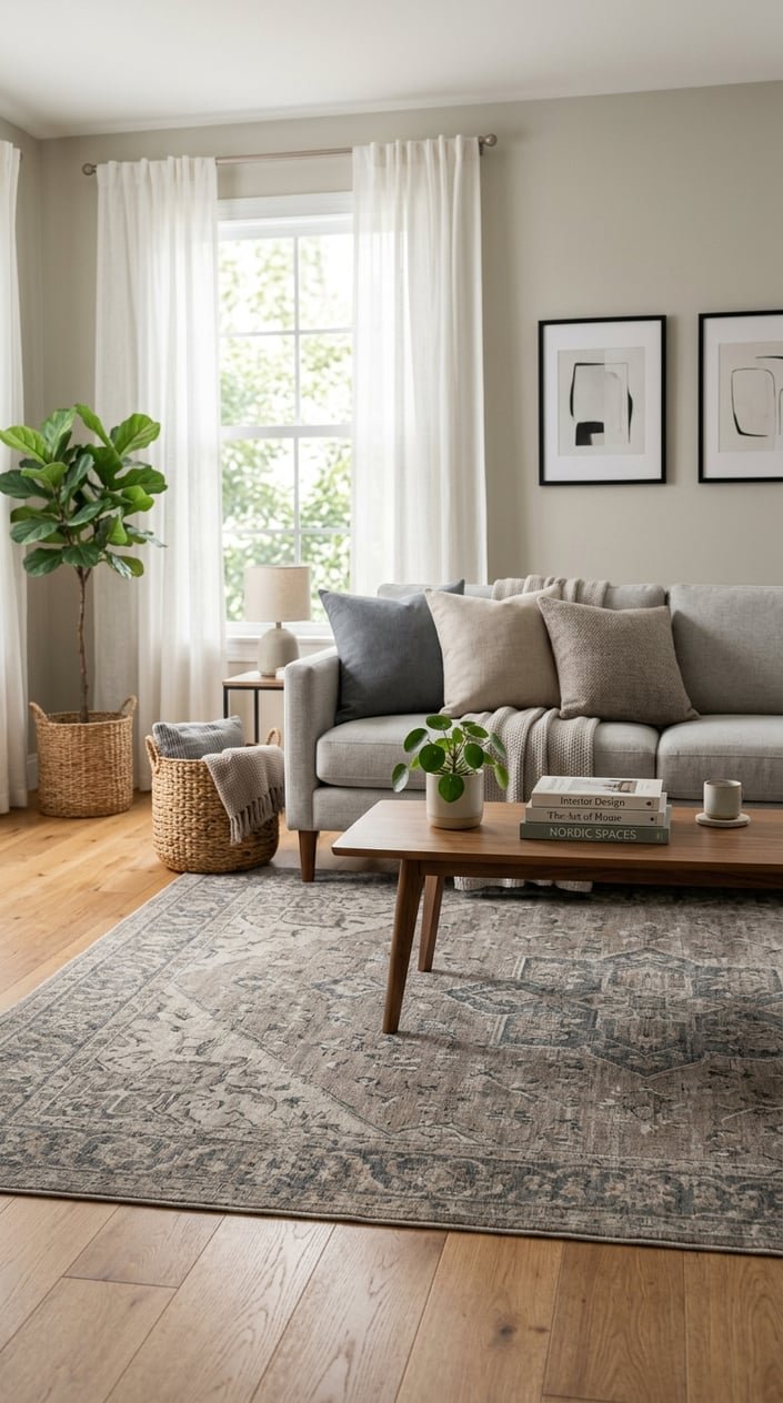 Living room with a taupe and slate area rug, gray sofa, wooden coffee table, and indoor plants.
