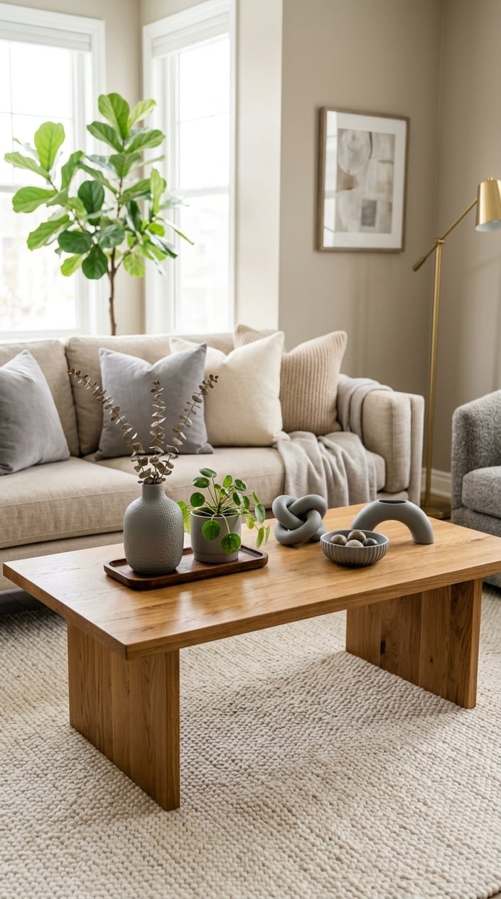A white oak coffee table with gray ceramic decor in a living room with beige sofa and natural lighting.