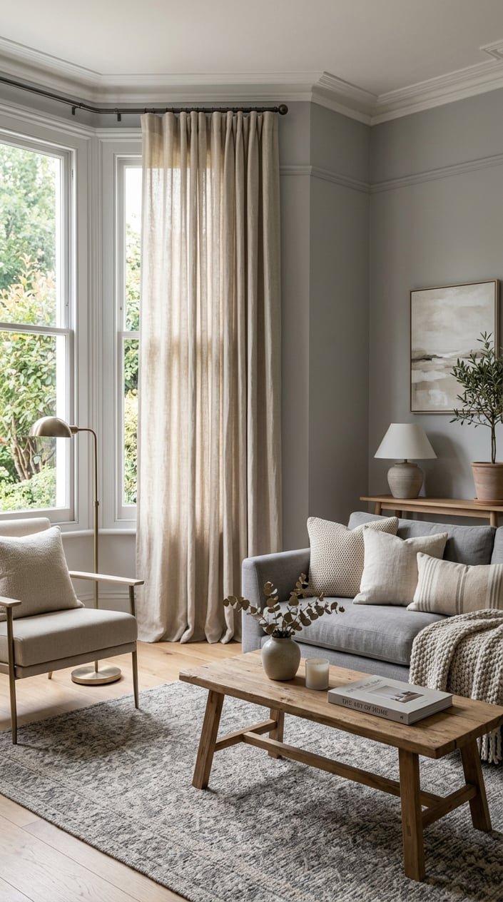 A living room with tall oatmeal linen curtains hanging against soft gray walls, illuminated by natural light.