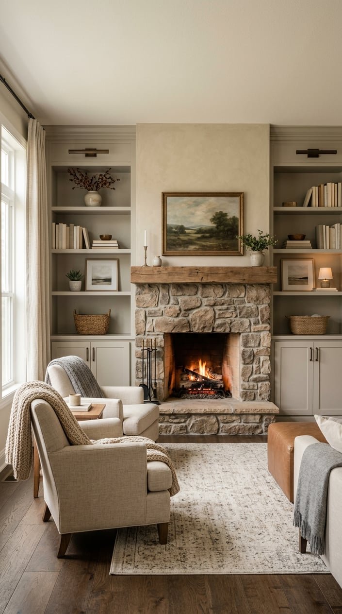 Living room with a stone fireplace flanked by gray built-in shelves and cabinets.