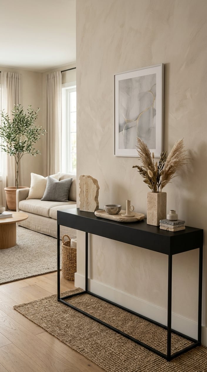 A matte black console table with travertine decor accents in a living room with gray and beige furnishings.