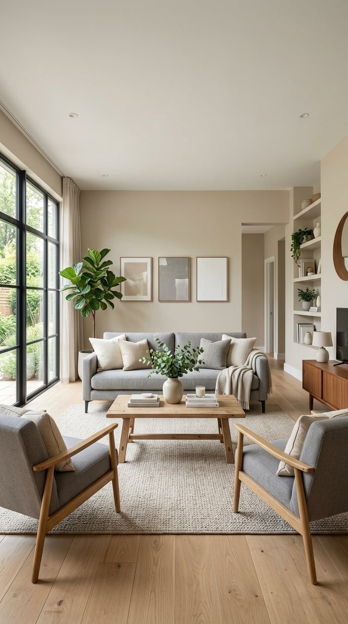 A bright living room with beige walls, gray sofa and armchairs, wooden coffee table, plants, and large windows letting in natural light.