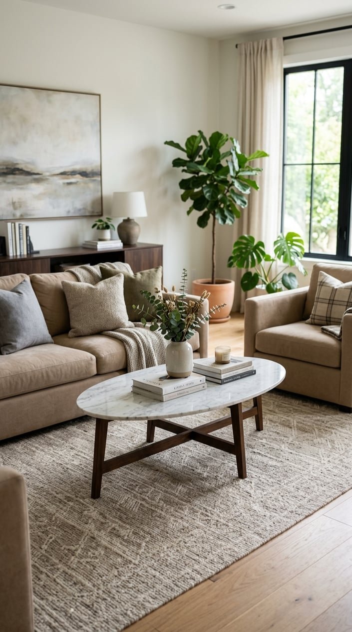 A living room with a marble coffee table surrounded by beige upholstered seating and neutral decor.