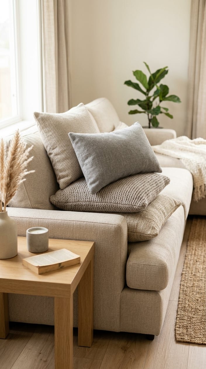 A beige sofa with layered throw pillows in light brown, gray, and soft beige colors in a cozy living room setting.