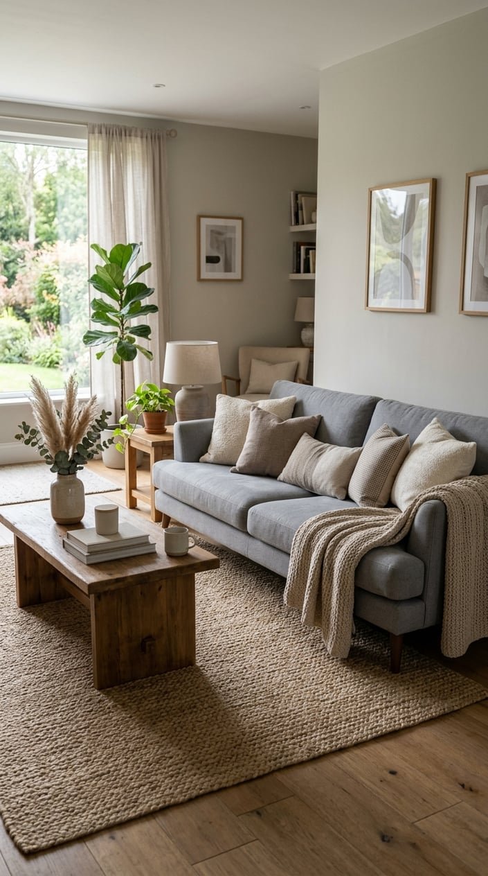 A living room with a gray sofa on a natural jute rug, featuring neutral-colored decor and soft lighting.