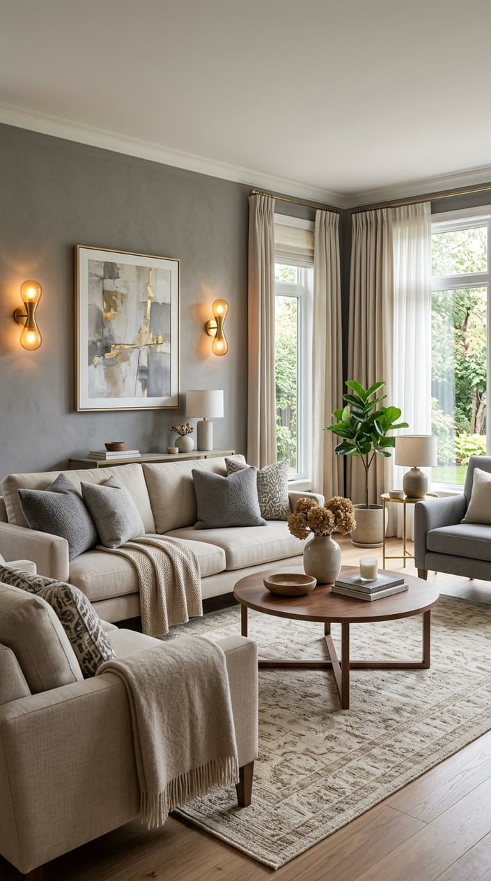 Living room with beige sofas, gray walls, brass wall sconces emitting warm light, and sandy beige decorative accents.