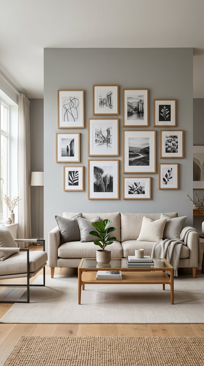 Living room with a gallery wall of oak frames holding black-and-white art prints above a beige sofa.