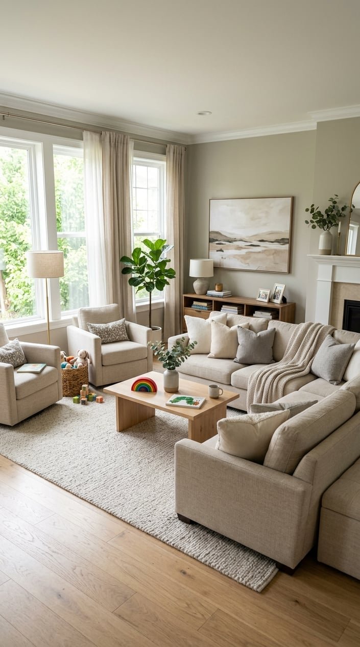 A living room with beige fabric sofa and armchairs, light hardwood floors, neutral walls, and a small toy on the coffee table.