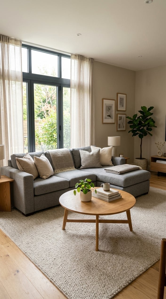 A living room with a gray sectional sofa and a round wood coffee table in front, with natural light coming through large windows.