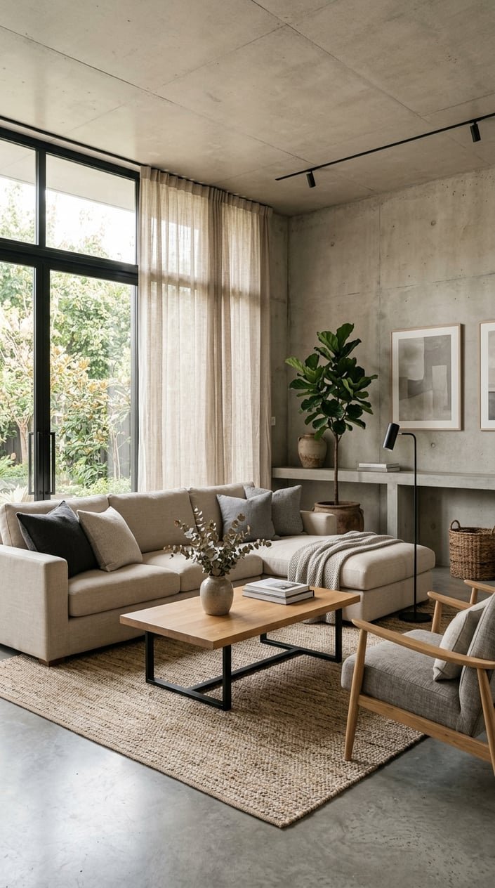 A living room with a beige sofa, gray cushions, concrete walls, linen curtains, and natural light coming through large windows.
