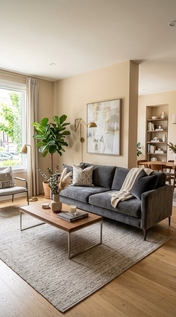 Living room with soft beige walls and a deep gray velvet sofa.