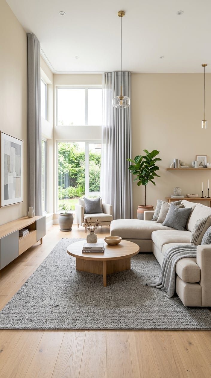 A living room with a beige sofa, gray rug, wooden coffee table, and large windows letting in natural light.
