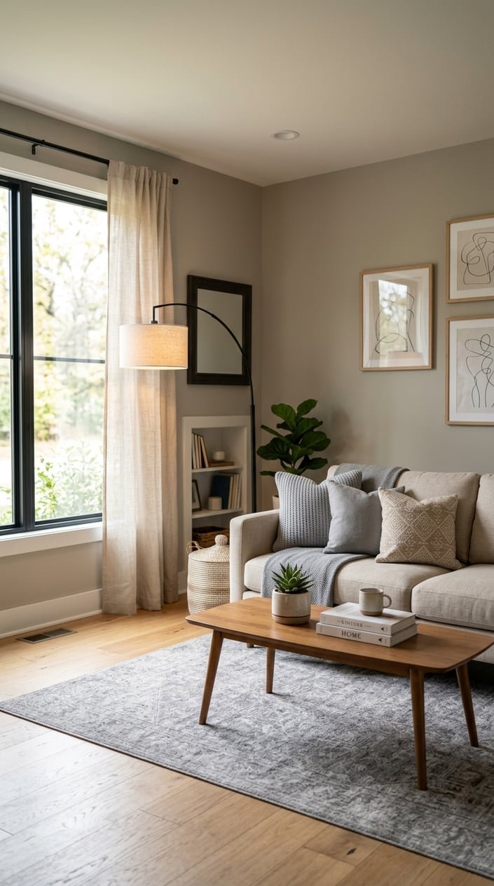 A living room with a beige sofa, gray and beige pillows, a wooden coffee table, and natural light coming through large windows.