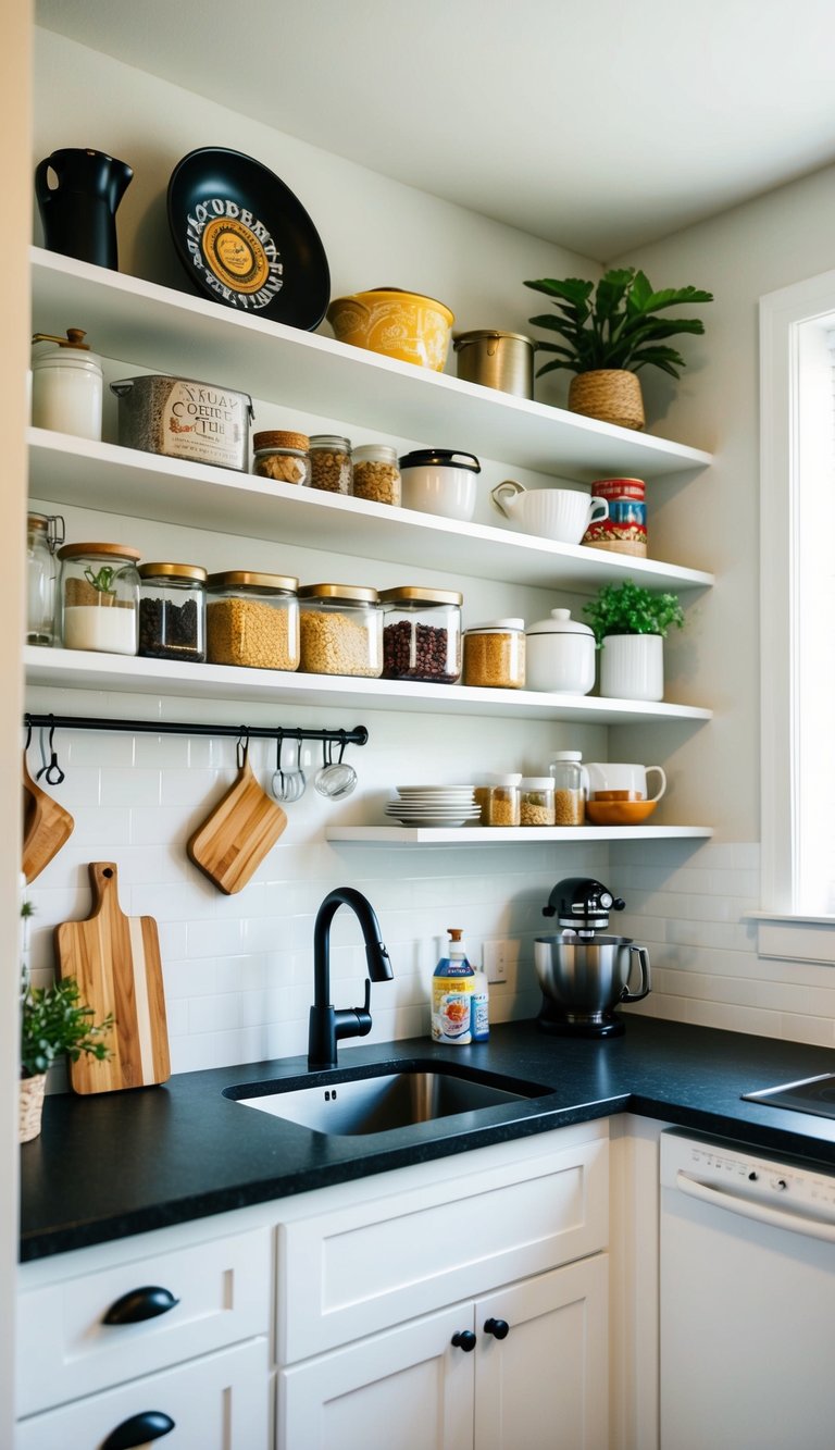 A small kitchen with white floating shelves displaying various kitchen items and decor