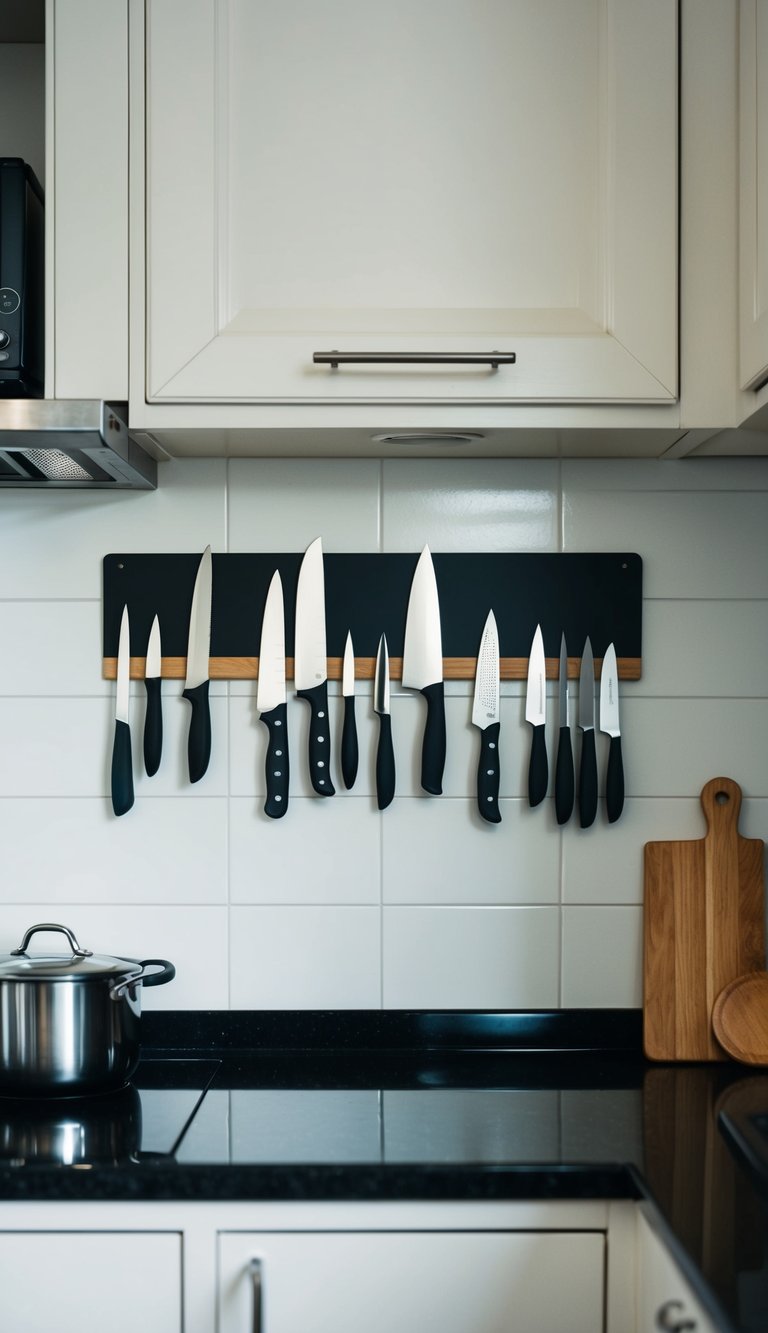 A small kitchen with a magnetic knife strip mounted on the wall, holding various kitchen knives and utensils