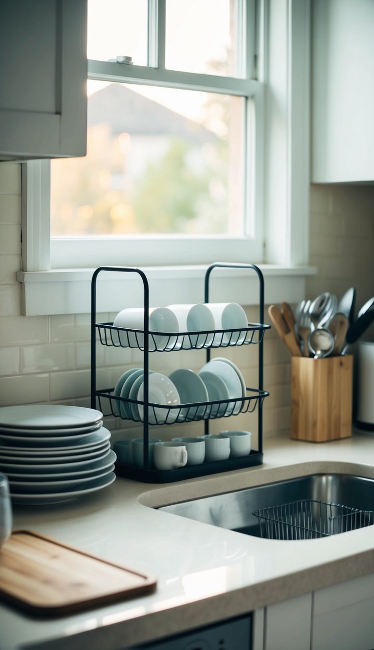 A compact dish rack sits on a small kitchen counter, surrounded by neatly stacked plates, cups, and utensils. A window lets in natural light, illuminating the cozy space