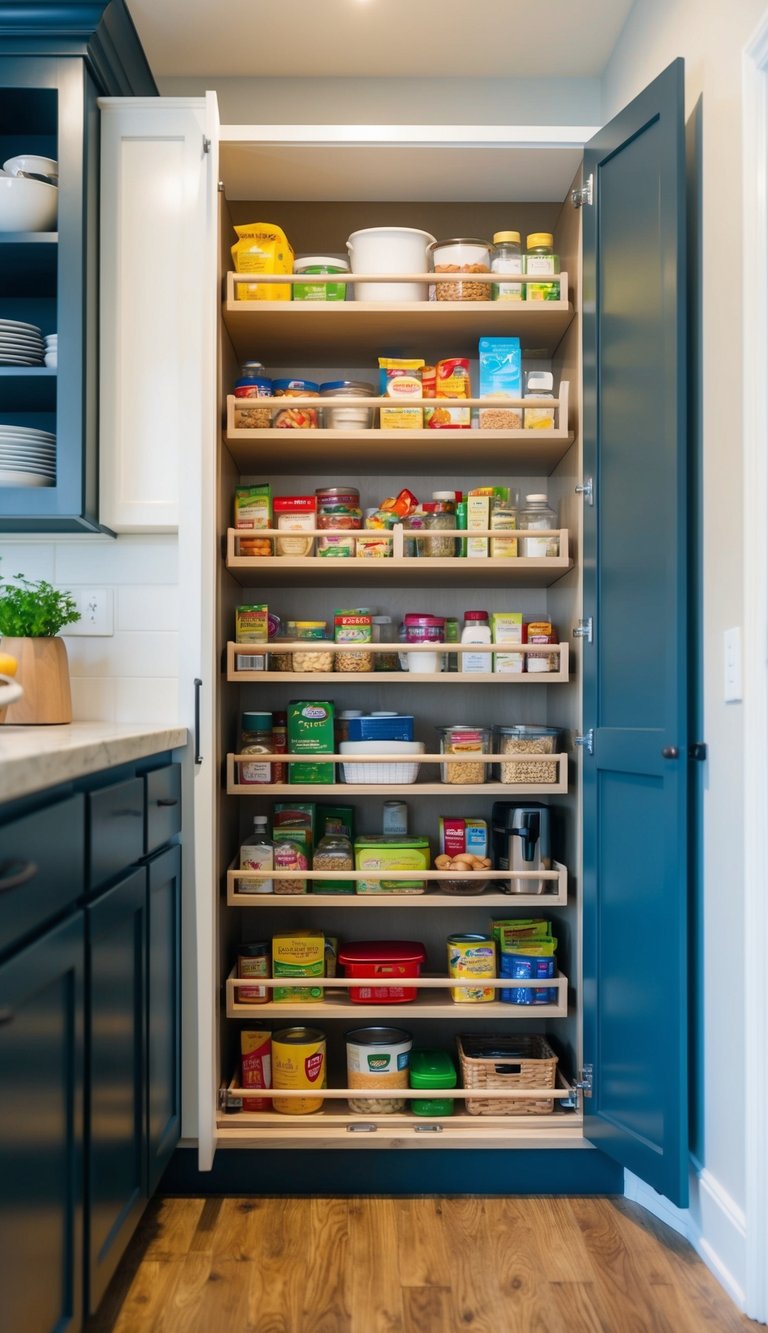 A small kitchen with a pull-out pantry, filled with neatly organized shelves of food and kitchen supplies. Cabinets and countertops are compact but efficient