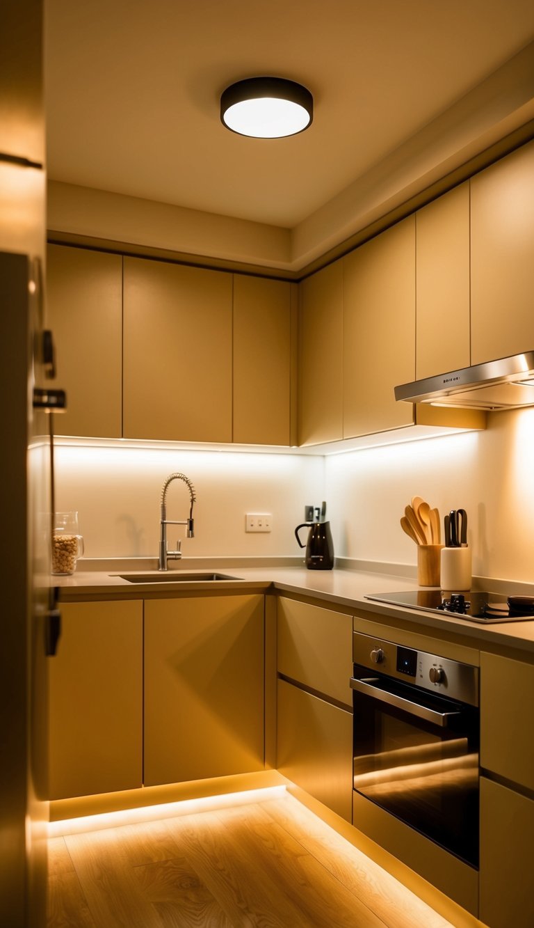 Warm light illuminates a cozy kitchen with sleek under-cabinet lighting, creating a welcoming atmosphere