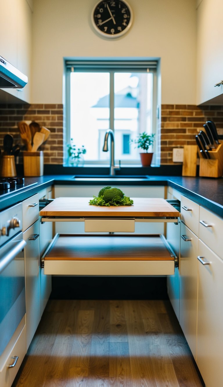 A small kitchen with a slide-out cutting board in use