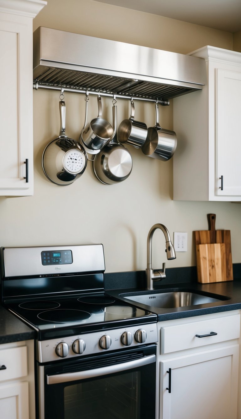 A small kitchen with a mounted pot rack above a compact stove and counter space