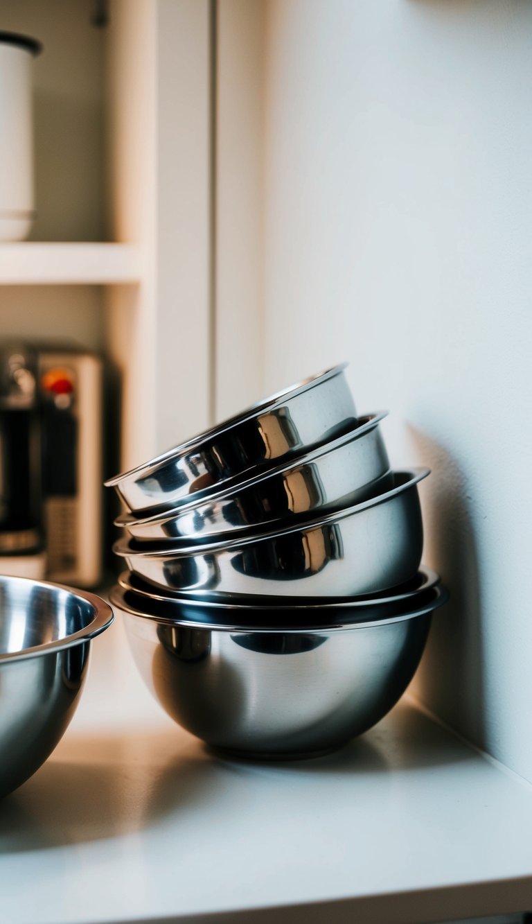 A set of nesting mixing bowls in a small kitchen, arranged neatly on a shelf or countertop