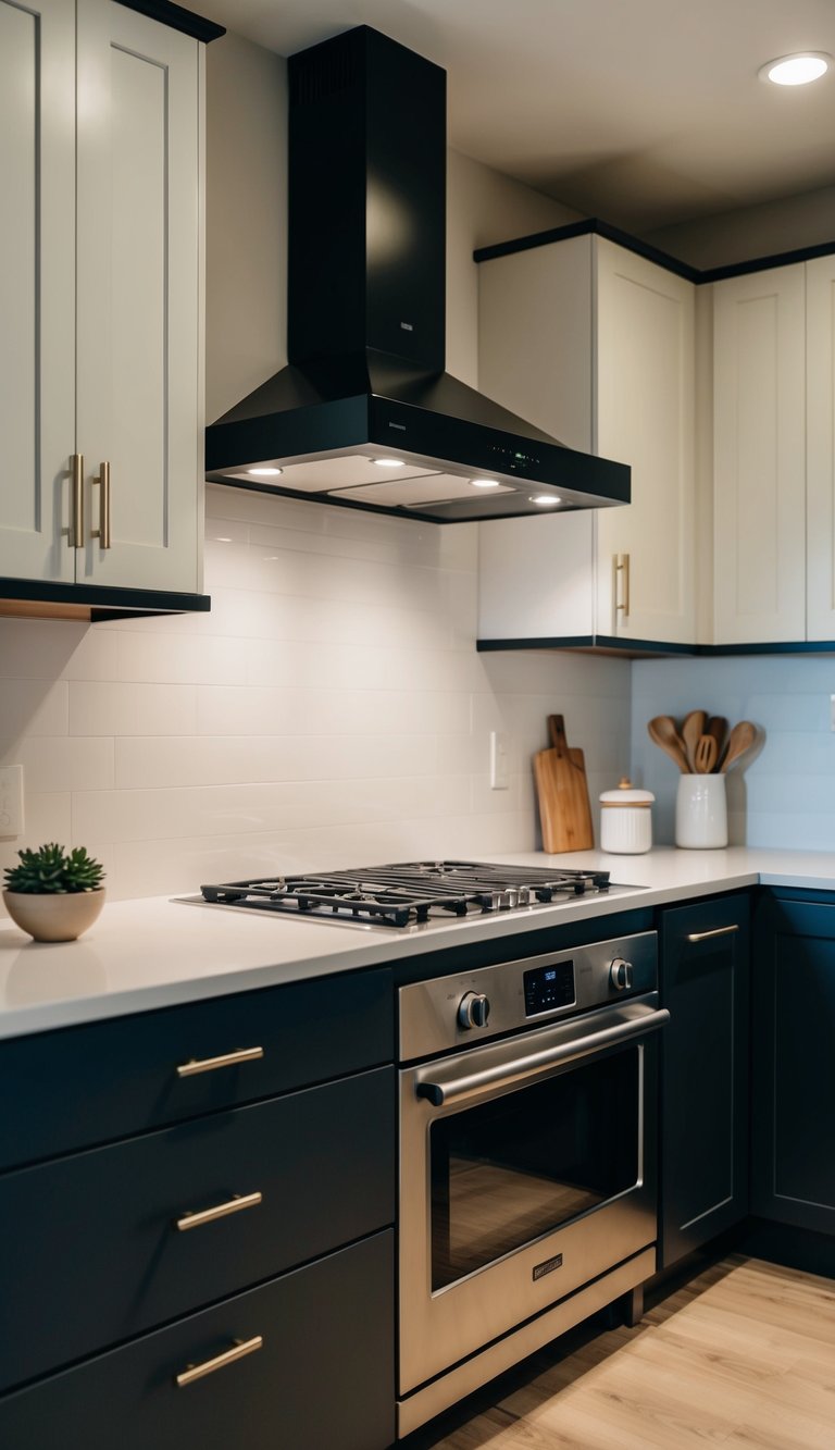 A small kitchen with a retractable range hood above a sleek stovetop, surrounded by modern cabinets and countertops