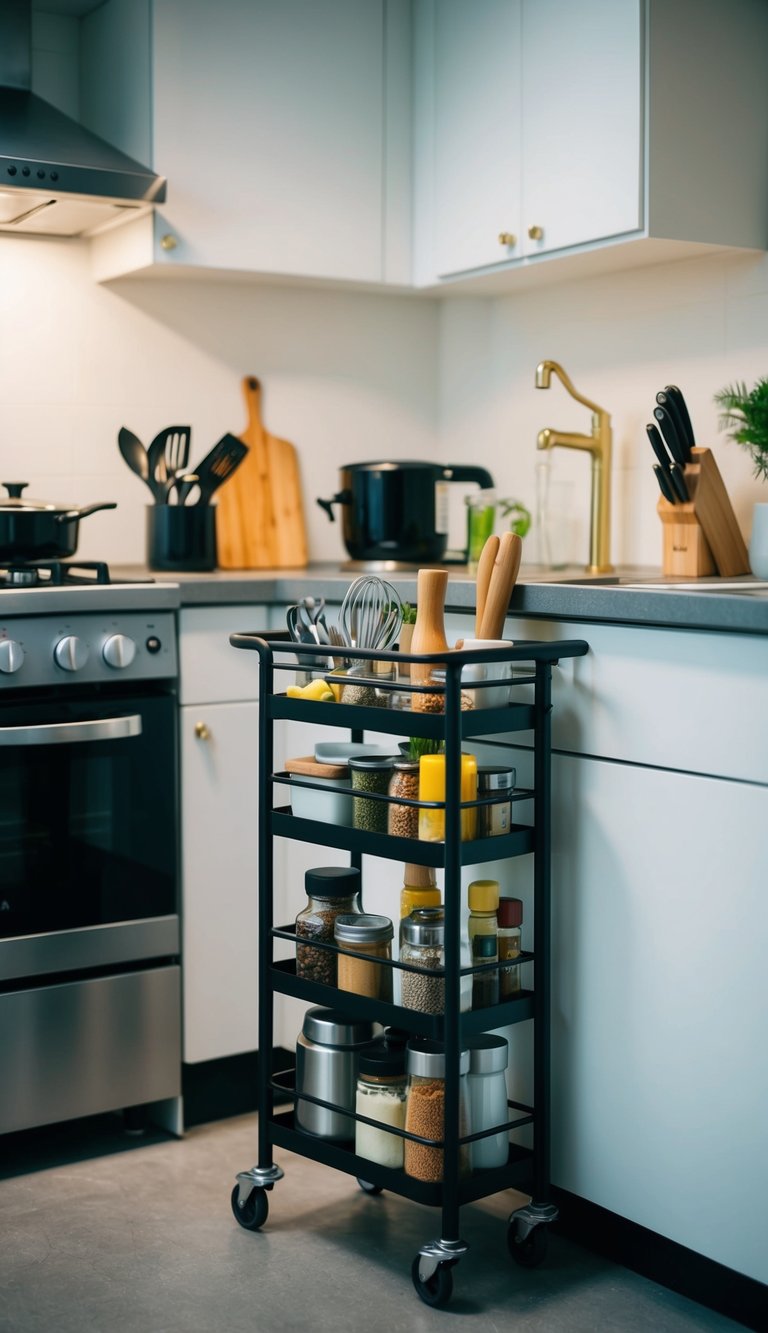 A slim rolling cart sits in a compact kitchen, filled with utensils and spices. The cart is neatly organized next to a small stove and sink