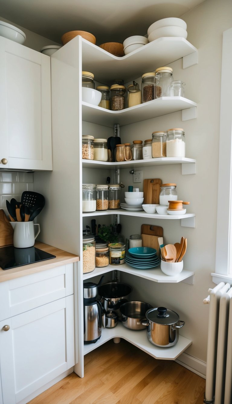 A small kitchen with a corner storage shelf filled with various items such as jars, dishes, and cooking utensils