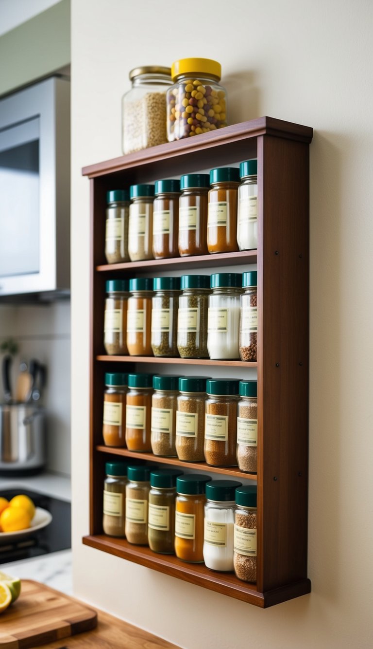 A wall-mounted spice rack with neatly arranged jars in a cozy kitchen