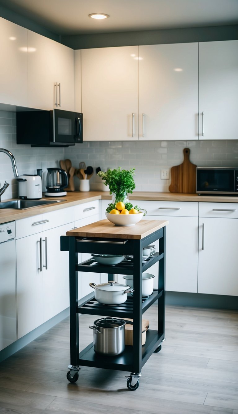 A small kitchen with a sleek kitchen island cart, surrounded by compact appliances and storage solutions