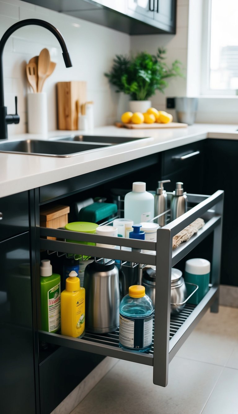 A sleek under-sink storage rack holds various kitchen items in a tidy and organized manner, maximizing the use of space