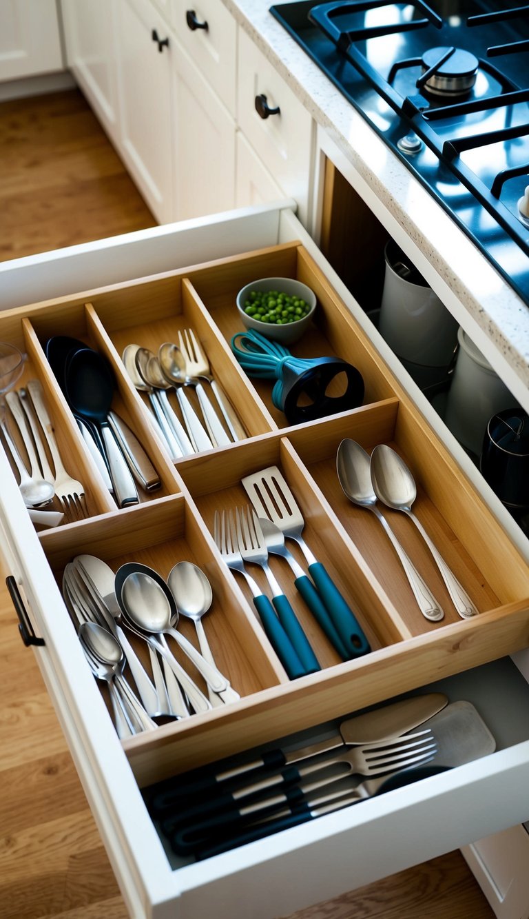 A cluttered kitchen drawer is transformed with drawer organizers, neatly separating utensils, and creating a more organized and efficient space