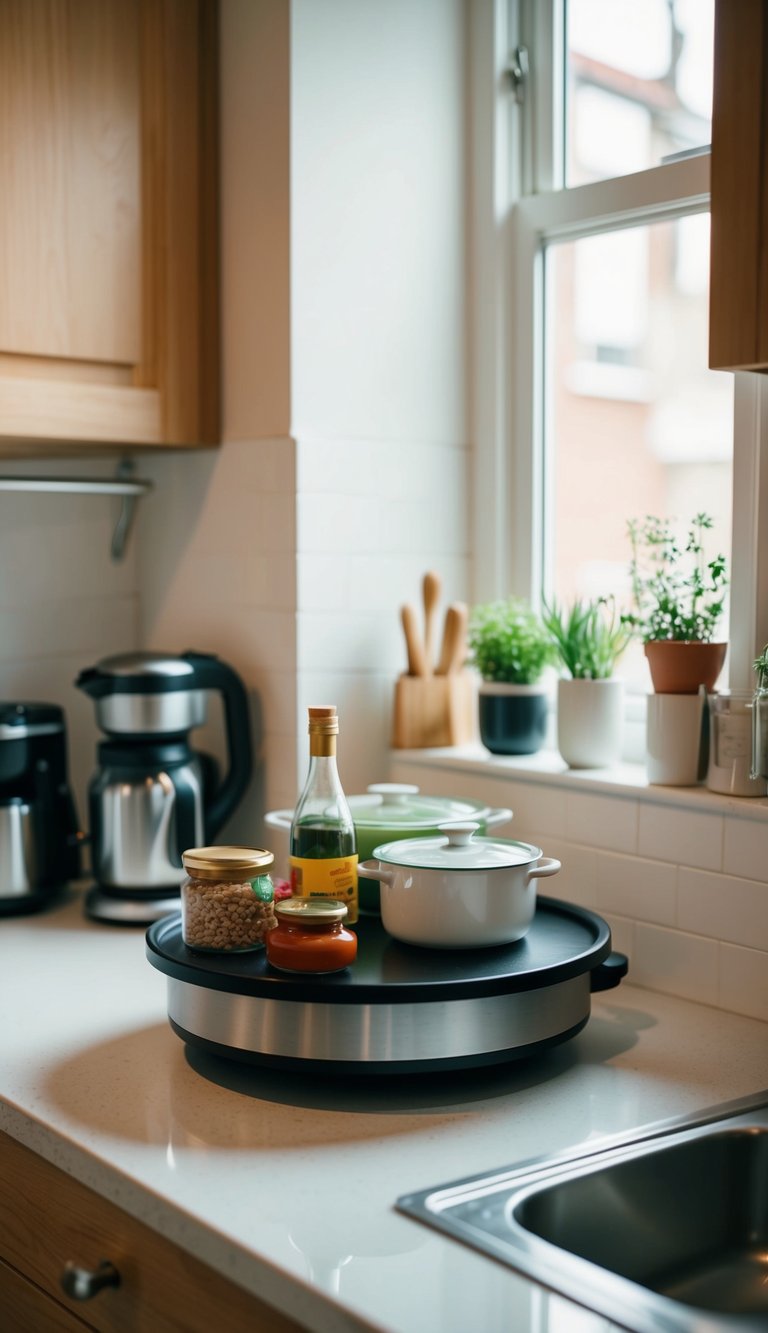 A small kitchen with a Lazy Susan turntable organizing various kitchen items