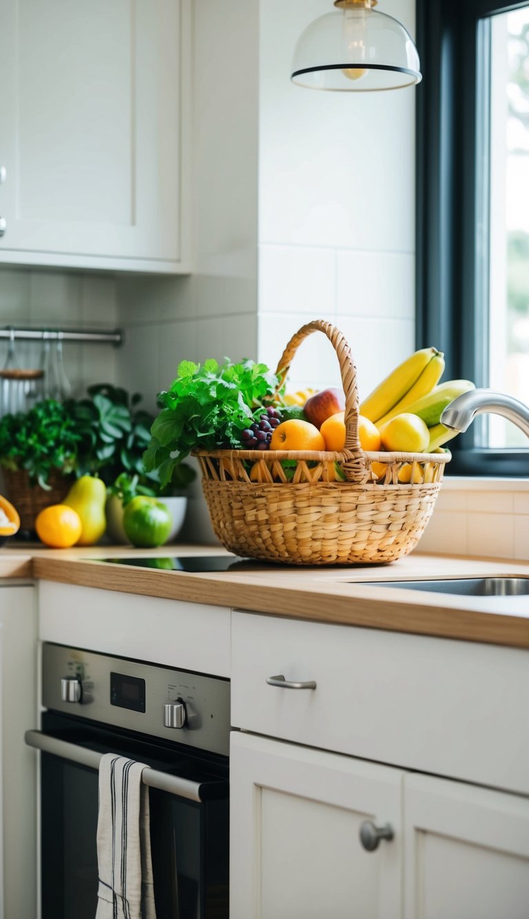 A small kitchen with a clutter-free countertop featuring a stylish fruit basket filled with fresh produce