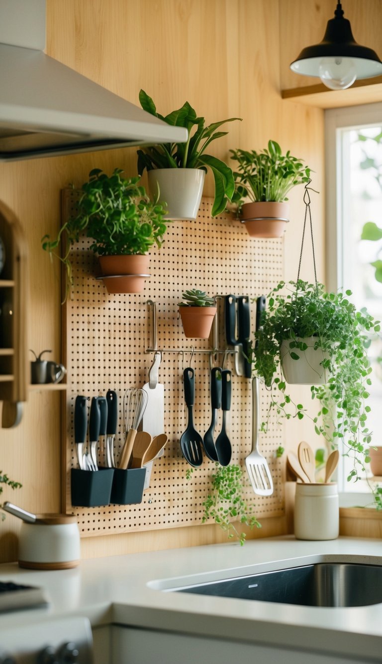 A pegboard organizer filled with kitchen utensils and small plants hanging in a cozy, well-lit kitchen