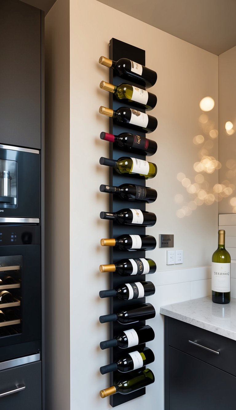 A compact kitchen with a vertical wine rack mounted on the wall, displaying various wine bottles in a modern and stylish manner