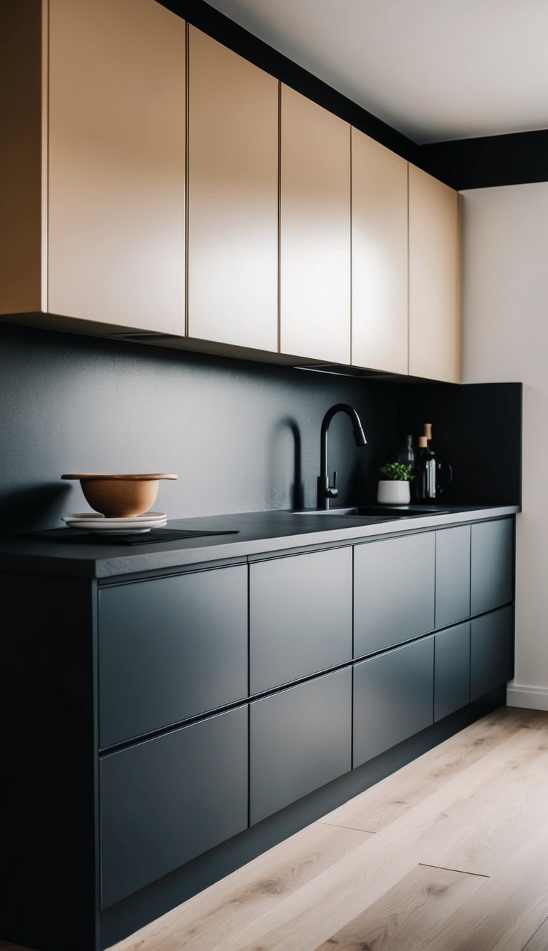 A modern kitchen with two-tone cabinets, one color for the upper cabinets and another for the lower cabinets. The sleek, clean lines and minimalist design create a stylish and functional space