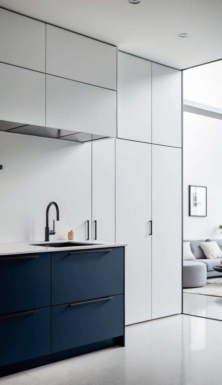 A two-tone kitchen cabinet with white uppers and navy blue lowers, set against a clean, modern backdrop with sleek hardware and minimalistic decor