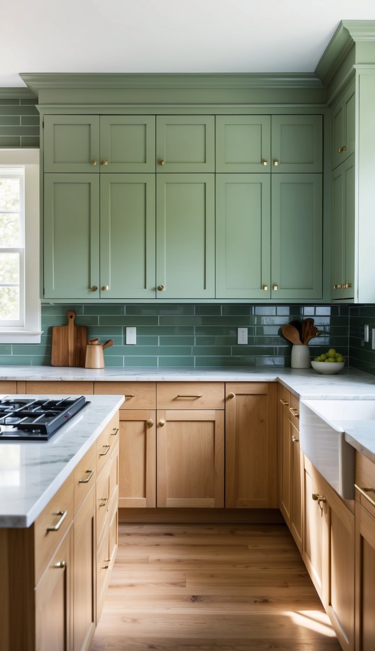 A spacious kitchen with sage green upper cabinets and light oak lower cabinets, accented with modern hardware and a marble countertop