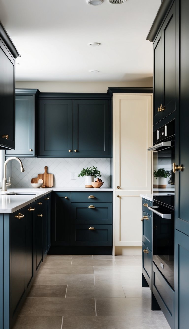 A modern kitchen with charcoal and soft cream two-tone cabinets, sleek hardware, and clean lines