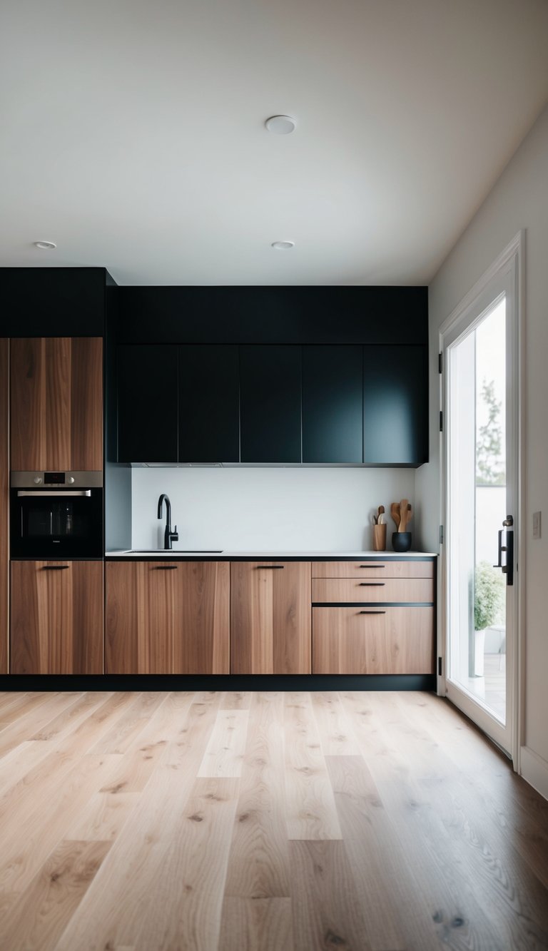 A modern kitchen with matte black upper cabinets and walnut lower cabinets, sleek hardware, and a minimalist design