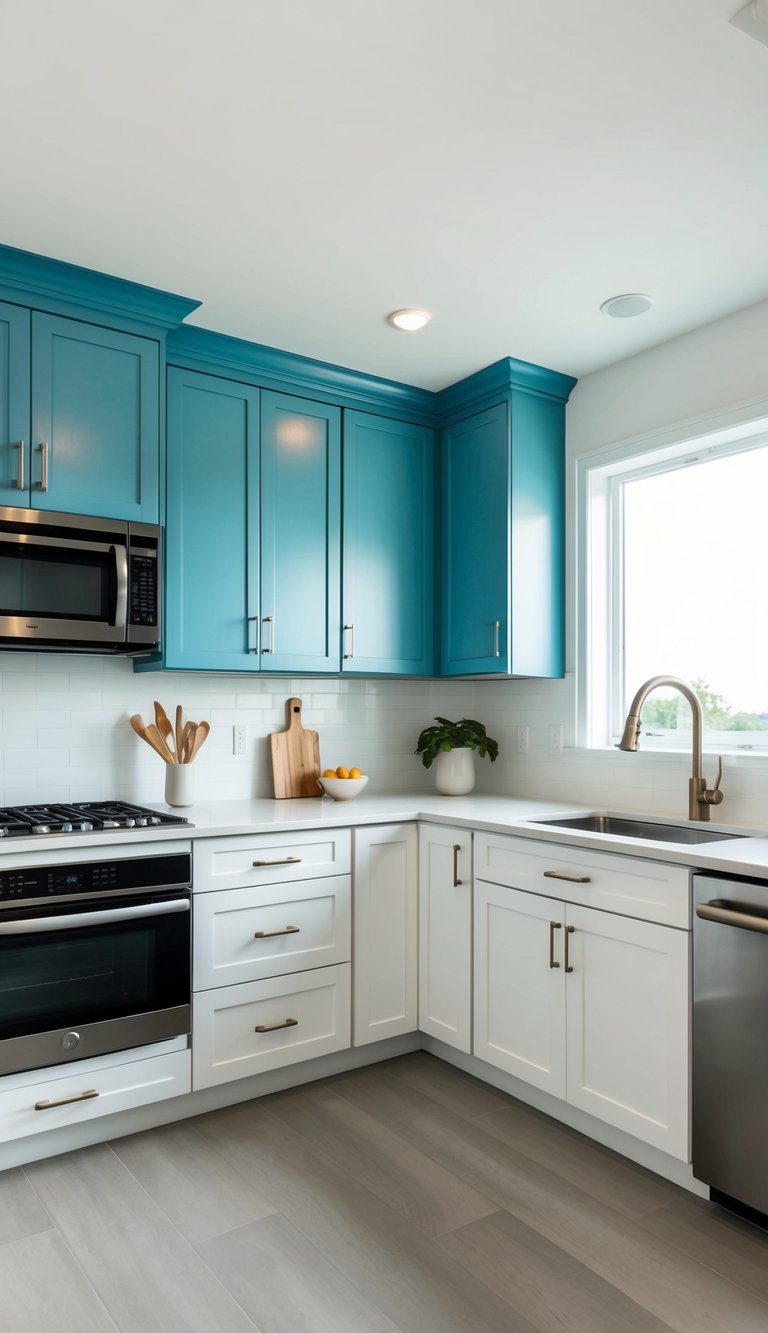 A modern kitchen with sky blue upper cabinets and crisp white lower cabinets, sleek countertops, and stainless steel appliances