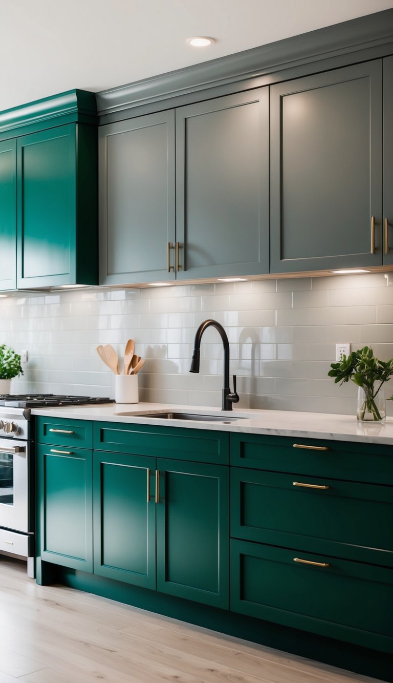 A modern kitchen with emerald green lower cabinets and dove gray upper cabinets, sleek countertops, and stainless steel appliances