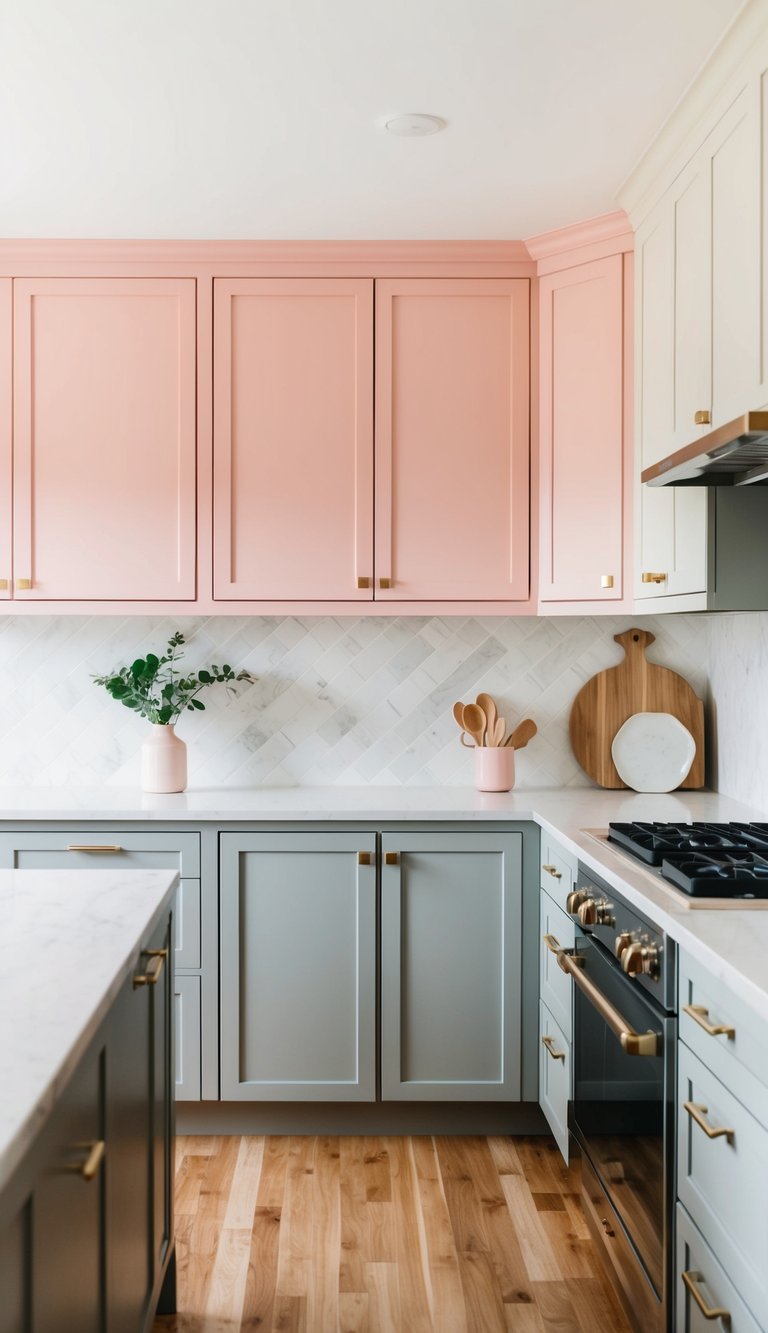 Blush pink and light ash two-tone kitchen cabinets with modern hardware and sleek countertops