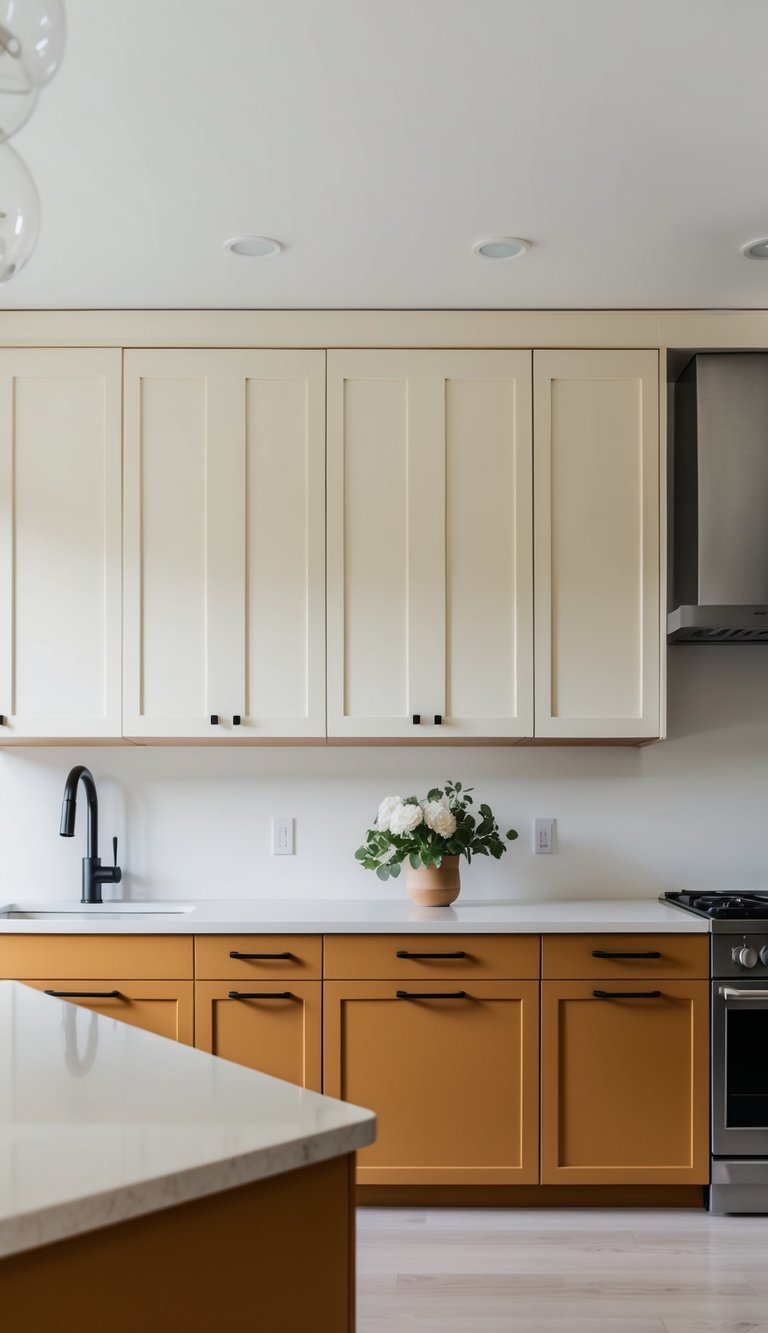 A modern kitchen with cream upper cabinets and butterscotch lower cabinets, sleek hardware, and a clean, minimalist design